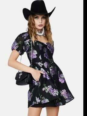 For Love & Lemons Puff Sleeve Floral Mini Dress Black Purple NWT Large